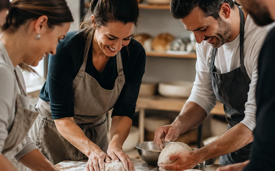 Gemeinsames Brotbacken mit frischem Teig und Brotlaib