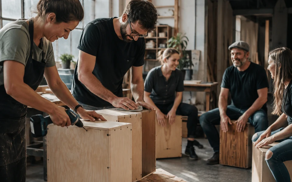 Selbst gebaute Cajon beim gemeinsamen Spielen